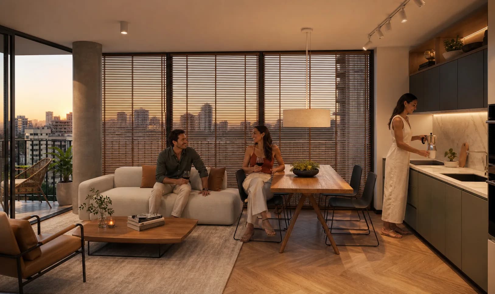 Living comedor residencial con vista urbana al atardecer