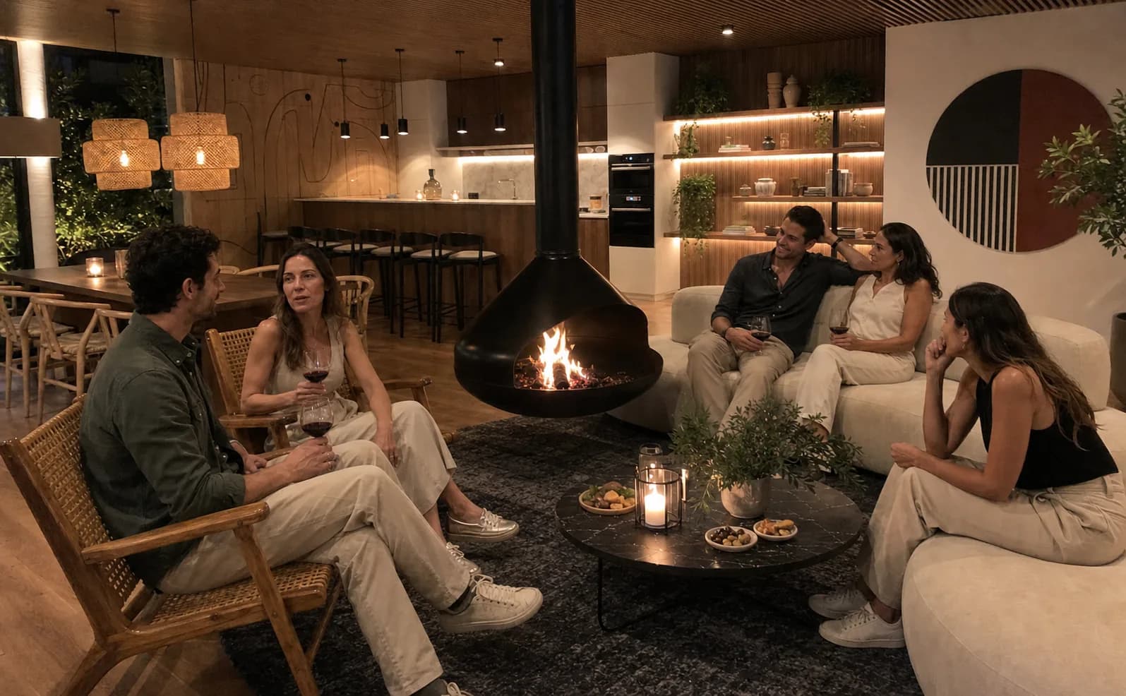 Vecinos compartiendo en un lounge residencial con chimenea