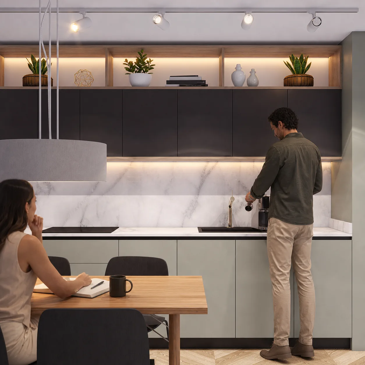 Cocina común residencial con persona preparando café