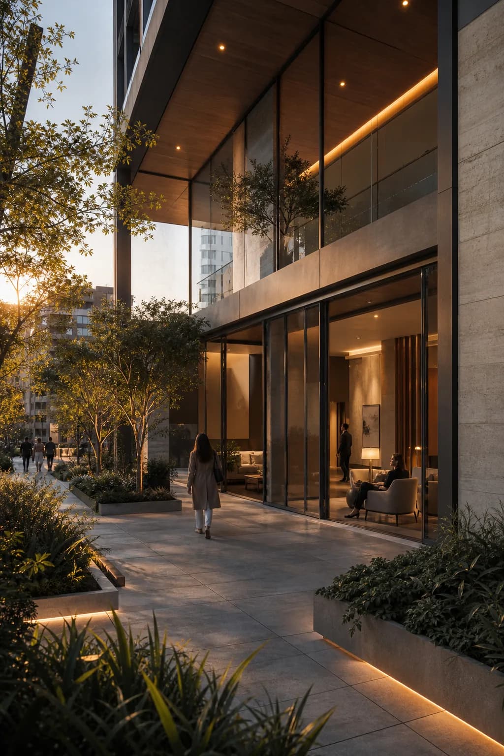 Lobby residencial contemporáneo con espacios comunes integrados