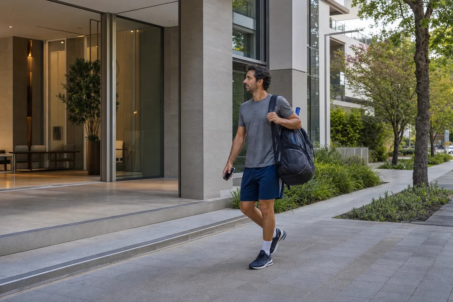 Residente caminando con bolso deportivo junto a un lobby