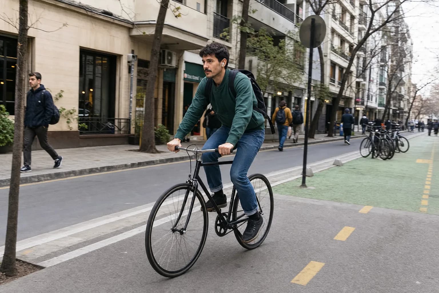 Persona andando en bicicleta por una calle urbana